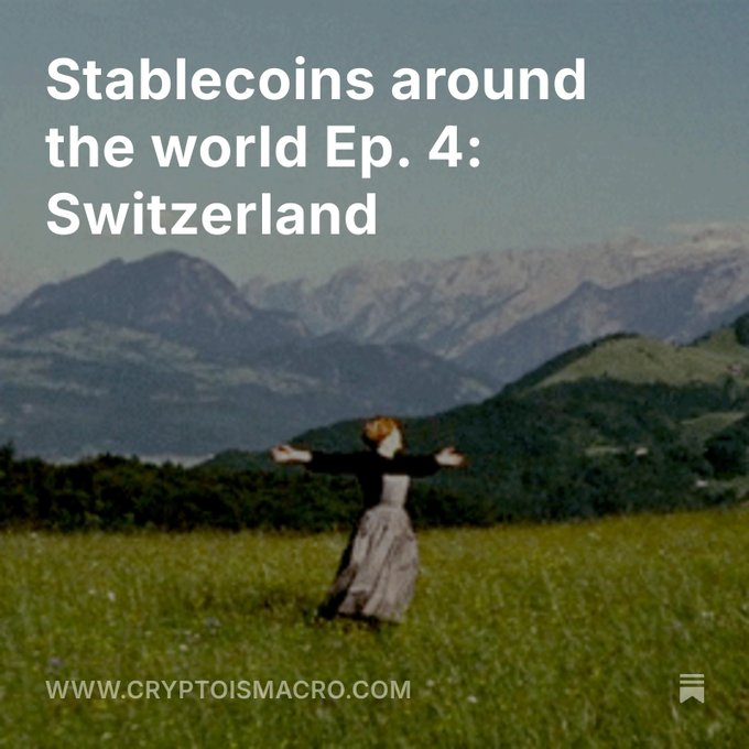 A person in traditional dress stands with arms outstretched in a green field facing snow-capped mountains, overlaid with the text 'Stablecoins around the world Ep. 4: Switzerland' and 'WWW.CRYPTOISMACRO.COM'.
