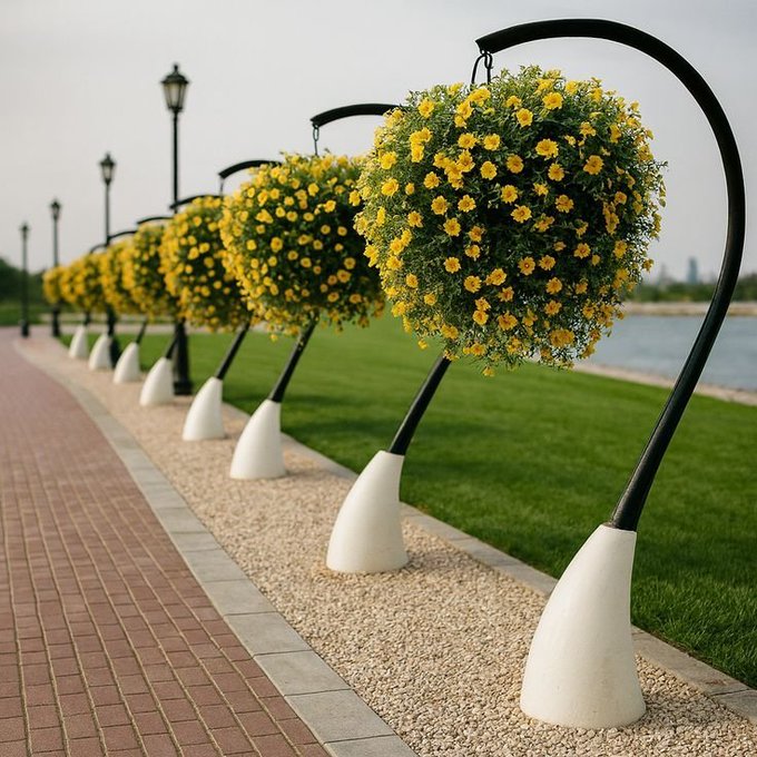 A row of hanging flower baskets with yellow blooms line a paved walkway along a waterfront.