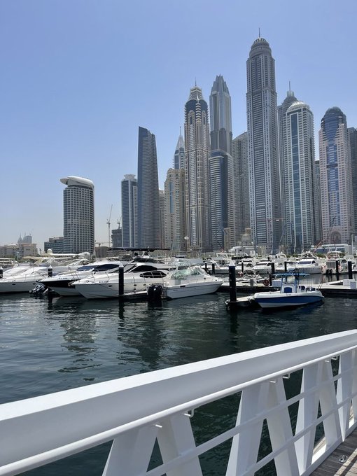 A waterfront view of Dubai Marina shows numerous tall skyscrapers clustered along the shoreline with several yachts and boats docked in the calm waters under a clear blue sky.