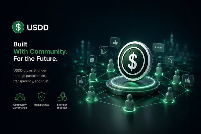 A promotional graphic for USDD cryptocurrency features the text 'Built With Community. For the Future.' with icons highlighting Community Governance, Transparency, and Stronger Together.