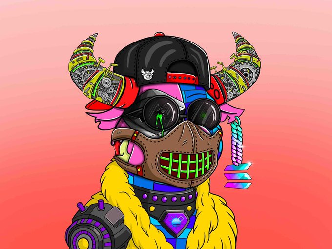 A vibrant, stylized illustration of a cyberpunk-inspired bull character wearing a backward baseball cap, oversized sunglasses, a face mask with neon green teeth, and cybernetically enhanced horns, set against a pink-to-orange gradient background.