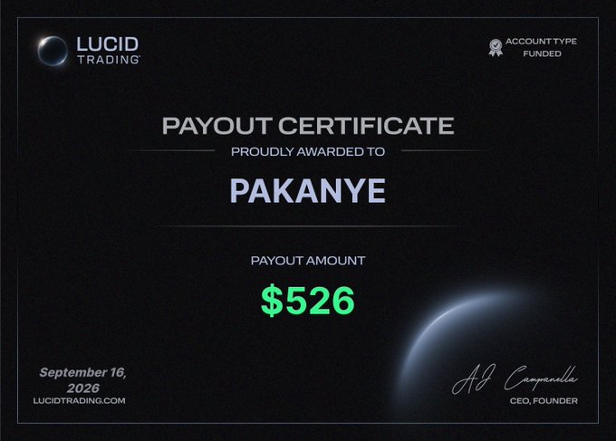 A 'PAYOUT CERTIFICATE' from LUCID TRADING, account type FUNDED, proudly awarded to PAKANYE for a payout amount of $526, dated September 16, 2026, signed by CEO/Founder AJ Campanella.