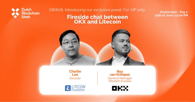 The image features a poster for an event at DBW26 Day 1. The poster includes two men, Charlie Lee and Roy van Krimpen, who are featured as speakers at this event. They are shown having a fireside chat between them, with their names displayed on the poster alongside the text "VIP lounge only". The poster also mentions that the event is for DBW26 Day 1 and is scheduled to take place from Monday, June 24th, 12:00 PM (noon) at the Amsterdam Centre.