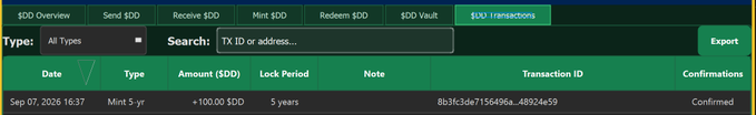 A cryptocurrency transaction dashboard showing a $100.00 'Mint 5 yr' transaction with a 5-year lock period, dated Sep 07, 2026, marked as Confirmed.