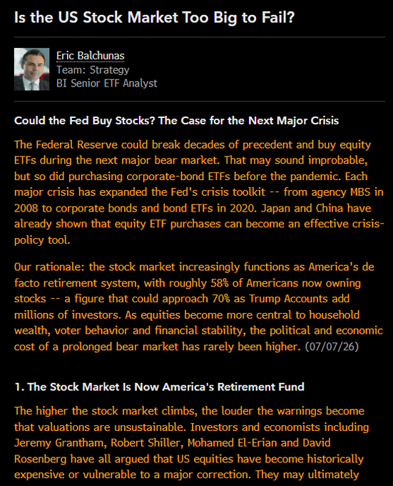 The image shows a Bloomberg Intelligence article by Eric Balchunas titled "Is the US Stock Market Too Big to Fail?", discussing how the Federal Reserve could potentially buy equity ETFs during a major market crisis, with roughly 58% of Americans now owning stocks. This relates to the Bitcoin thesis as it highlights the growing concern that traditional financial markets may require unprecedented government intervention to prevent collapse—a parallel often drawn with Bitcoin advocates who argue that the cryptocurrency serves as a hedge against systemic financial instability and fiat currency debasement.