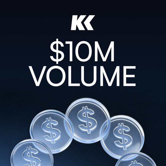 Promotional graphic with 'KK $10M VOLUME' text above a pile of metallic coins bearing dollar signs against a dark blue background.