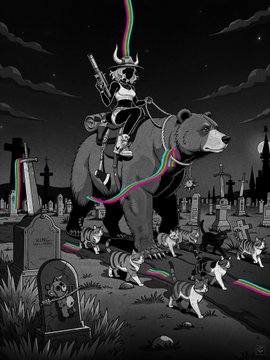The image features a black and white illustration of a woman riding a brown bear, with a group of cats walking alongside them. In the background, there are graveyards and a graveyard, suggesting that this scene takes place in an area where bears or bulls roam freely. The caption to the image reads "good night. The market chooses bear or bull. I choose my actions", which implies that the woman is making a conscious decision about her actions based on the presence of the animals around her.