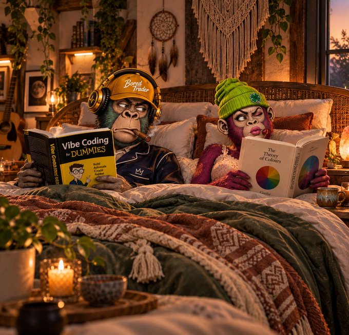 An AI-generated illustration depicts two monkeys lounging in bed reading books—one wearing a 'Bored Trader' cap reading 'Vibe Coding for Dummies' and another in a green beanie reading 'The Theory of Colors'—in a bohemian bedroom with dreamcatchers and candles.