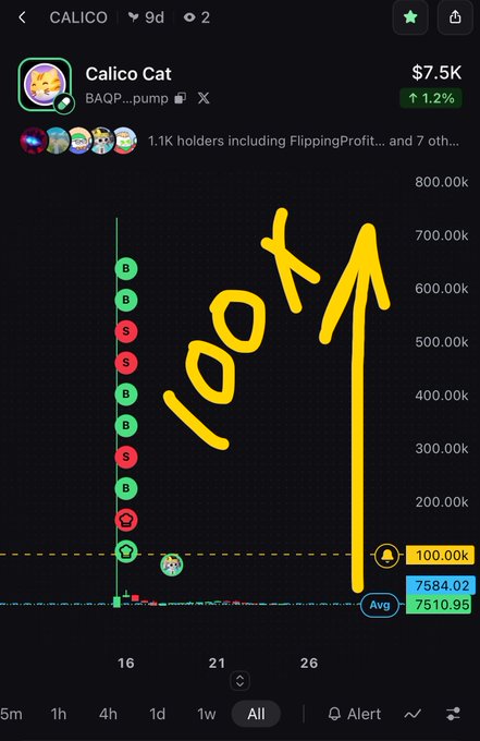 A screenshot of a crypto token called "Calico Cat" with a price of $7.5K, showing a 1.2% increase and a hand-drawn "100x" with an upward arrow.