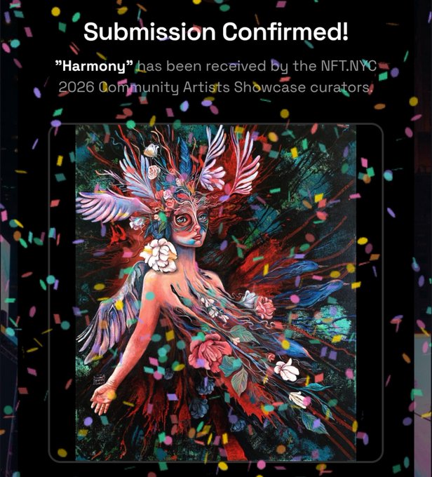 A 'Submission Confirmed!' notification screen for the NFT.NYC 2026 Community Artists Showcase, displaying a colorful digital artwork titled 'Harmony' surrounded by falling confetti.