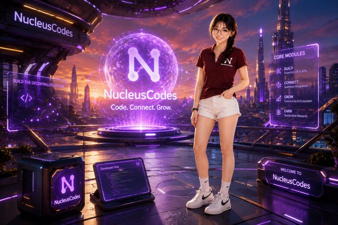 A promotional graphic featuring a young woman standing in a futuristic, neon-lit environment for 'NucleusCodes' with the tagline 'Code. Connect. Grow.'