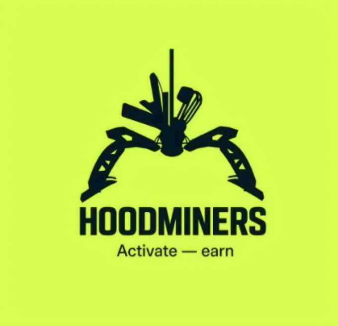 A bright green background with a black logo depicting crossed mining tools forming a shape, with the text 'HOODMINERS' and the tagline 'Activate — earn' below it.