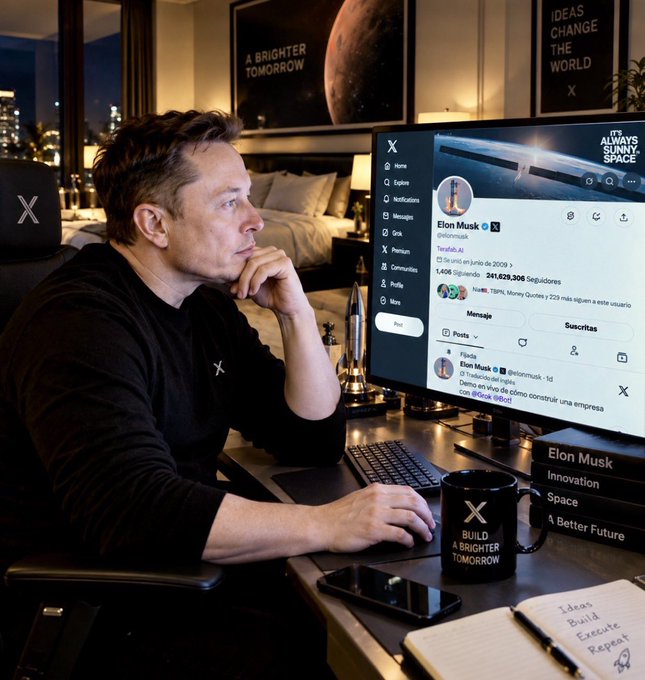 An AI-generated image of Elon Musk sitting at a desk looking at a computer monitor displaying the X (formerly Twitter) interface, with an X-branded coffee mug and space-themed posters in the background.
