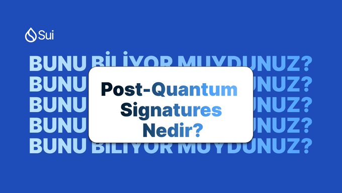 A graphic with the Sui logo and repeating Turkish text 'BUNU BİLİYOR MUYDUNUZ?' in the background, overlaid with a white box containing the text 'Post-Quantum Signatures Nedir?'.