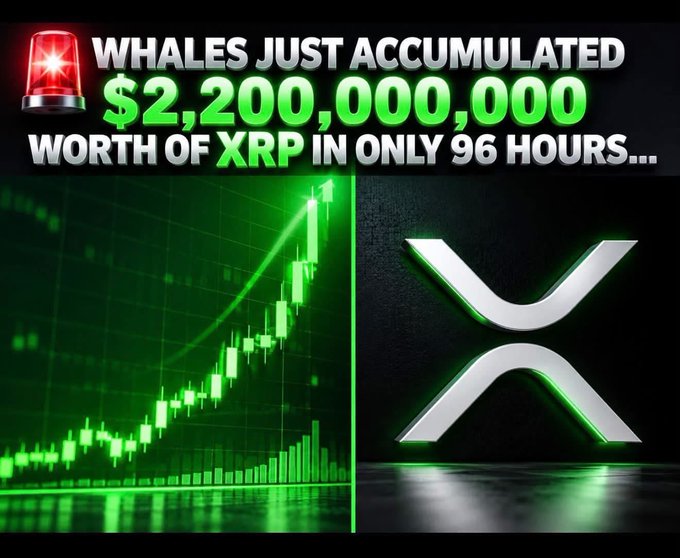 A thumbnail-style graphic claims "WHALES JUST ACCUMULATED $2,200,000,000 WORTH OF XRP IN ONLY 96 HOURS..." with a green chart, siren icon, and the XRP logo.