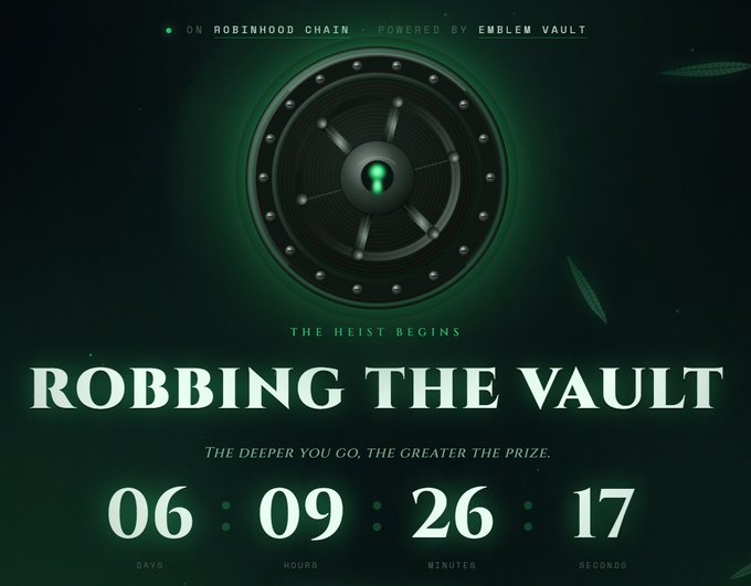 A green-themed promotional graphic reads 'ROBBING THE VAULT' with 'ON ROBINHOOD CHAIN • POWERED BY EMBLEM VAULT' and features a countdown timer.