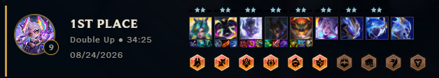 A League of Legends match results screen showing '1ST PLACE' with the summoner name 'Double Up', game duration '34:25', and date '08/24/2026', alongside various champion icons and mastery crests.