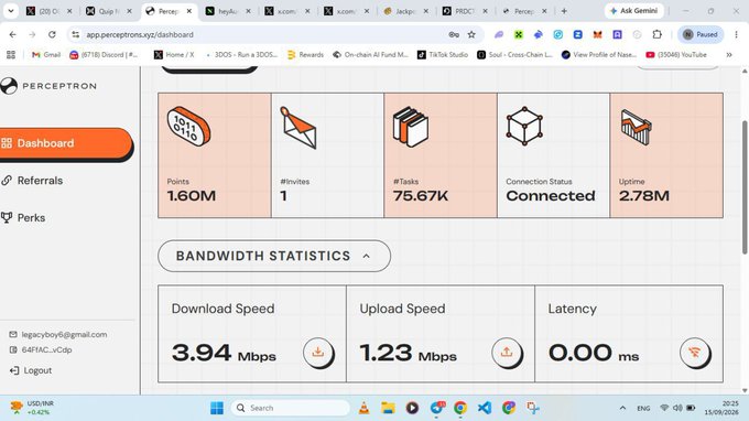 A screenshot of the Perceptron dashboard showing 1.60M Points, 1 #Invites, 75.67K #Tasks, Connection Status Connected, 2.78M Uptime, with bandwidth statistics showing 3.94 Mbps download and 1.23 Mbps upload.