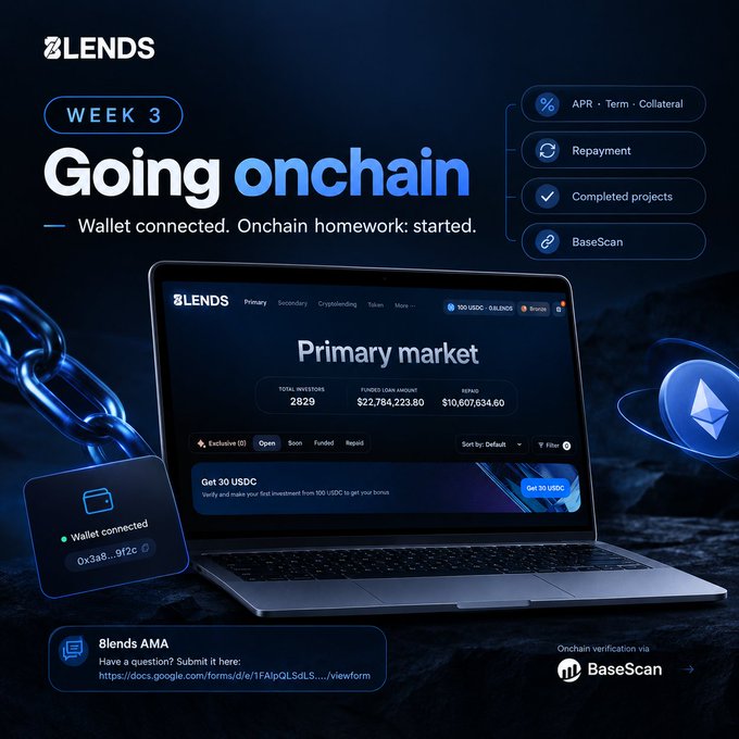 Promotional graphic for '8LENDS' titled 'Going onchain' showing Week 3 progress, featuring a laptop displaying the Primary market dashboard with $22,784,223.80 funded loan amount, wallet connection status, and BaseScan verification elements.