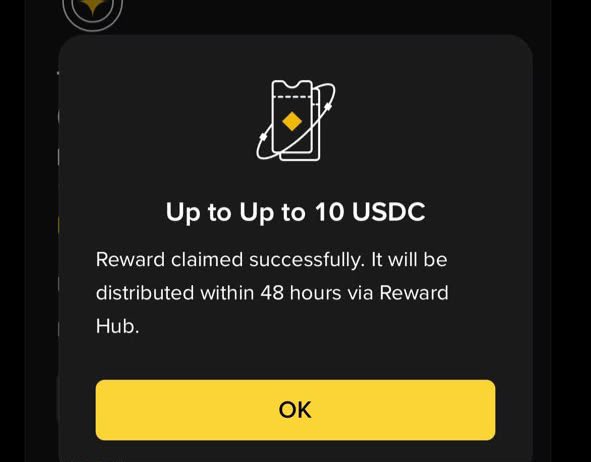 A Binance confirmation pop-up displays "Up to 10 USDC" with a message that the "Reward claimed successfully. It will be distributed within 48 hours via Reward Hub," directly supporting the tutorial's final step of claiming a reward from the Spot Solo Competition event.