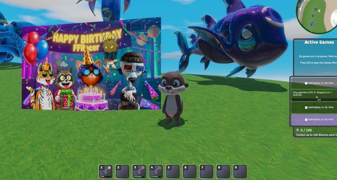 A video game screenshot featuring a birthday banner reading 'HAPPY BIRTHDAY FFRager' with cartoon animal characters and floating balloons, alongside an otter avatar and a large fish creature.