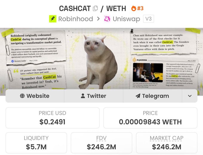 The image shows a CASHCAT/WETH token page (ranked #3 on Robinhood via Uniswap V3), currently trading at $0.2491 with a $246.2M market cap and $5.7M liquidity, alongside news clippings referencing Robinhood's involvement with CashCat. This relates to the post's $500 giveaway promise, as the token would need to roughly 4x its current market cap to reach the 1B milestone mentioned.