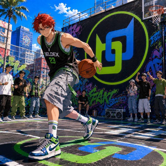 An anime-style illustration of a red-haired character playing basketball on an outdoor court, wearing a black and green 'BELDEX 23' jersey, with a graffiti wall featuring the Beldex logo in the background.