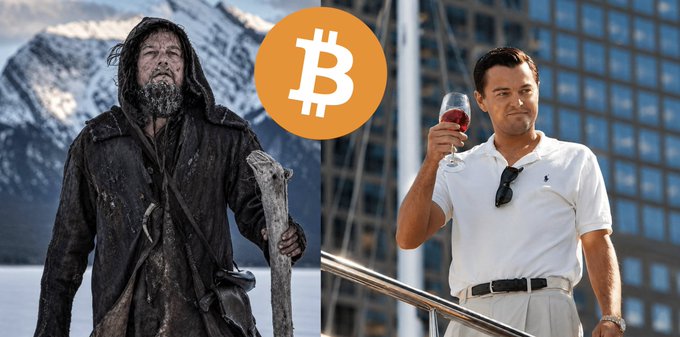 The image shows a split scene featuring a disheveled, bearded man in tattered clothing holding a wooden staff on the left, contrasted with a well-dressed Leonardo DiCaprio character holding a wine glass on the right, with the Bitcoin (₿) logo in an orange circle between them. The visual metaphor of the "haves vs. have-nots" or fortune and ruin ties into the post's warning about Bitcoin's $62k price level being a liquidation trap for greedy longs, suggesting that those blindly longing at resistance will be wiped out while smart money (likely short sellers) profits.