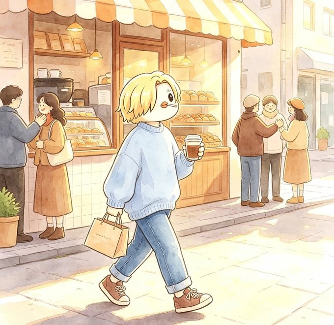 A watercolor-style illustration of a blonde anime-style character in a blue sweater and jeans walking past a bakery while holding a coffee cup and paper shopping bag.