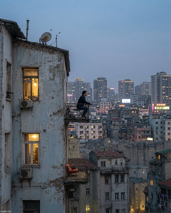 A man sits alone on a precarious balcony of a weathered apartment building, overlooking a sprawling cityscape at dusk, appearing isolated amidst the urban density. The image complements the caption's message about unseen struggles, contrasting the solitary figure's quiet contemplation with the loud, public nature of complaining about crypto losses.