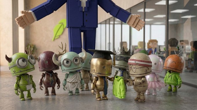 A group of small, colorful robot characters stand together on a wooden surface with a larger blue robot towering behind them, displayed in what appears to be an office space with glass walls. The post directs viewers to explore the "Thrills" NFT collection on OpenSea at opensea.io/collection/thr, showcasing these uniquely designed figures as part of the digital collectibles series.