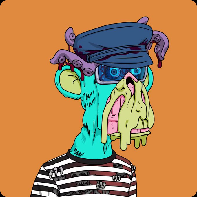 A cartoonish mutant character with turquoise fur, a dark blue cap, dripping pink eyes, and a striped shirt is shown against an orange background, representing a new Bored Ape Yacht Club (BAYC) NFT from Yuga Labs. The post announcing a "New Mutant" aligns with the artwork, showcasing one of the unique mutant variants from the Mutant Ape collection.