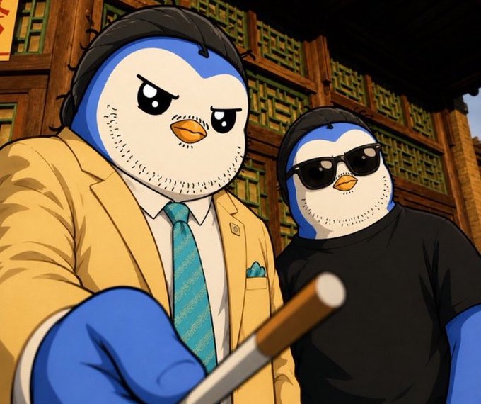 The image features two cartoon penguins standing next to each other, with one of them holding a cigarette. They are wearing suits and sunglasses, giving off an air of sophistication. The background includes a building and a sign that reads "come join our poly market donation cabal". This suggests that the penguin on the left is trying to sell the other penguin a product or service related to the poly market donation cabal.