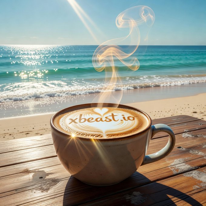 A coffee cup on a wooden table with latte art spelling "xbeast.io" sits on a beach with ocean waves and sun rays in the background, with steam rising from the cup.