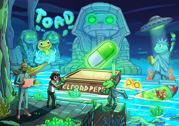 A vibrant, psychedelic illustration depicts a fantastical underwater temple scene featuring frog-like characters, floating UFOs, and a glowing pill, with the text "TOAD" and "LOADPIECE" carved into ancient stone monuments alongside human explorers. The artwork visually echoes the post's theme of $TOAD entering a "temple of mythology," portraying the meme coin as a mystical treasure being discovered in a surreal, adventure-filled setting.