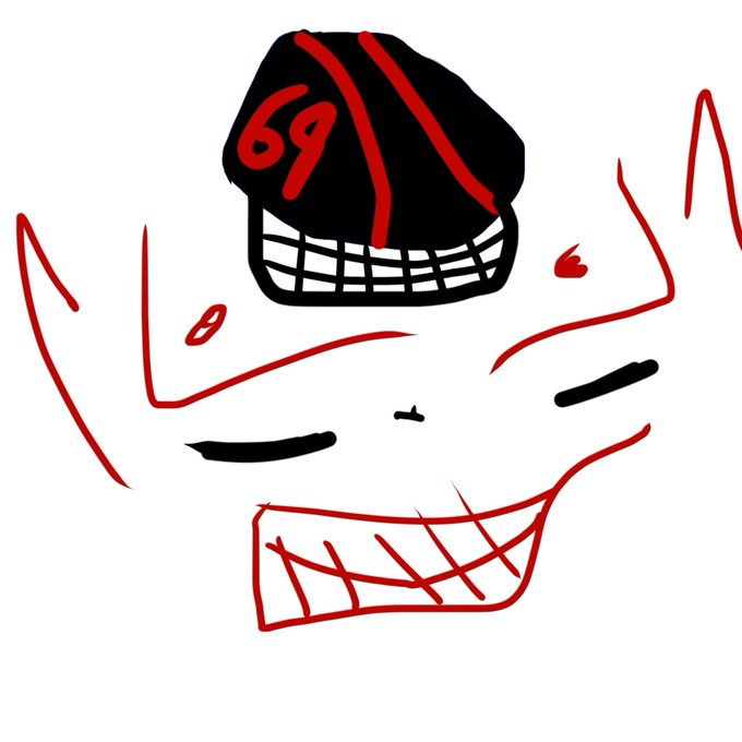 A digital drawing of a grinning face wearing a black cap with the number '69' in red on it, with closed eyes and a wide toothy smile.