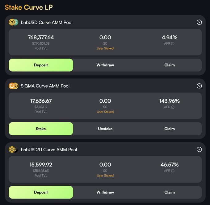 A 'Stake Curve LP' dashboard showing three pools: bnbUSD (4.94% APR), SIGMA (143.96% APR), and bnbUSD/U (46.57% APR) with deposit and stake options.