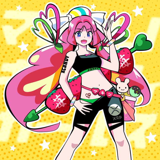 An anime-style illustration features a pink-haired character in athletic wear holding strawberries, with 'XRP' logos visible on a bunny accessory and shorts against a yellow dotted background.