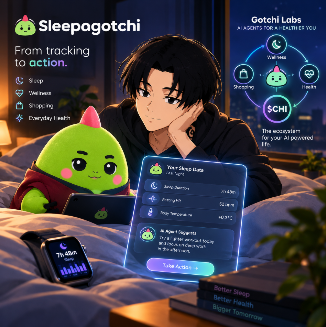 Promotional image for Sleepagotchi by Gotchi Labs, featuring anime-style artwork with a green mascot character and text about AI agents for a healthier you, tracking sleep, wellness, shopping, and everyday health.