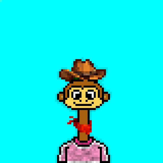 A pixel art image showing a monkey character wearing a brown cowboy hat and a red bandana around its neck, standing on what appears to be a pink object against a turquoise background.
