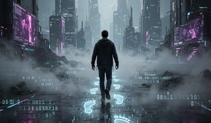 A person in a hoodie walking down a neon-lit cyberpunk city street with digital numbers and futuristic skyscrapers.