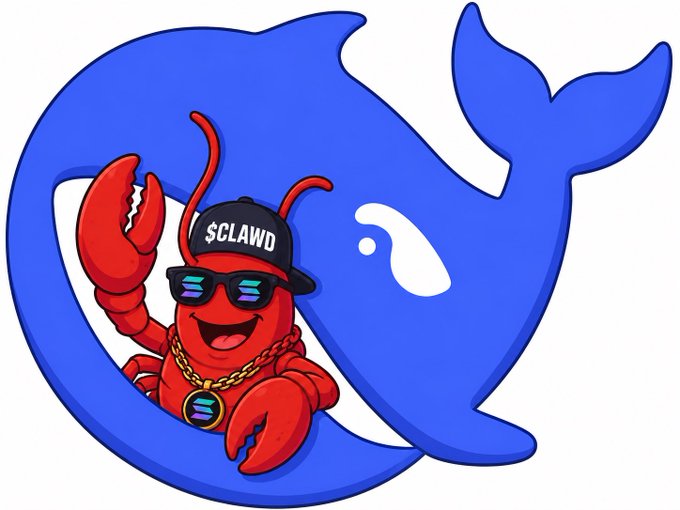 A cartoon logo featuring a red lobster character wearing sunglasses, a gold chain, and a black cap reading '$CLAWD', positioned against a blue whale mascot.