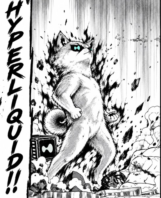 A black and white manga panel showing a cat with glowing blue eyes leaping amidst shattered debris, with the text 'HYPER LIQUID!!' written in bold stylized letters on the left side.