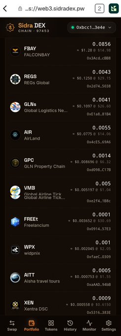 A screenshot of the Sidra DEX platform's Portfolio page showing a list of various tokens including FBAY, REGS, GLNs, AIR, GPC, VMB, FREEt, WPX, AITT, and XEN with their respective USD values.