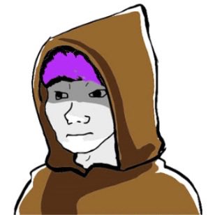 A digital illustration of a character with purple hair wearing a brown hooded robe, drawn in a simple, somewhat pixelated style.