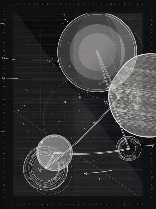 An abstract geometric composition on a dark grid background featuring overlapping translucent spheres, intersecting lines, and scattered red and white geometric particles. The interconnected circular forms and vector-like arrows evoke a sense of measurement or mapping, complementing the "mint" theme as if marking the creation or origin point of a new digital artifact.