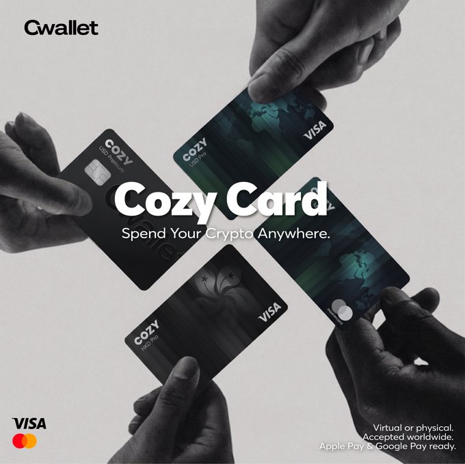 An advertisement for Gwallet's Cozy Card, showing hands holding Cozy USD Premium and Cozy HKD Pro Visa cards with the tagline 'Spend Your Crypto Anywhere.'