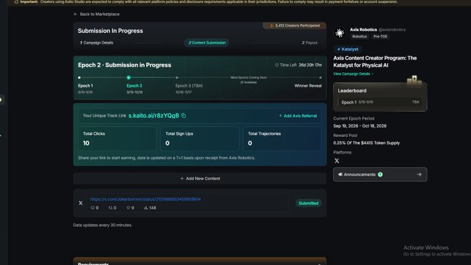 A screenshot of a web dashboard titled 'Submission in Progress' for 'Axis Robotics' on the Kaito platform, showing campaign details for 'Epoch 2' and 10 total clicks.