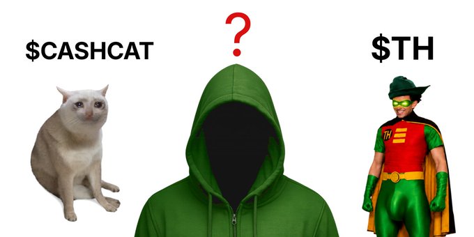 A meme-style image showing a cat labeled '$CASHCAT' on the left, a hooded figure with a question mark above in the middle, and a superhero figure with '$TH' on the right, representing the comparison between CashCat and TH tokens.