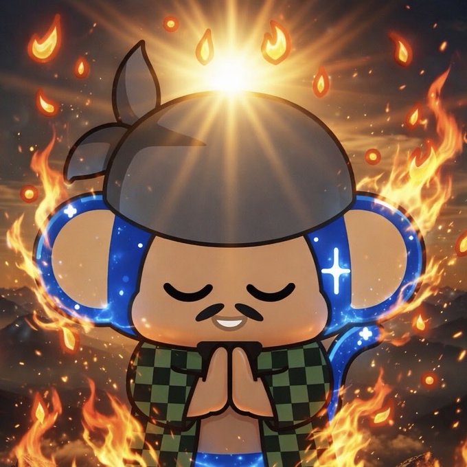 A cartoon character with a top knot, galaxy-patterned ears, and a green checkered garment poses with hands clasped in prayer, surrounded by flames and a bright sunburst.